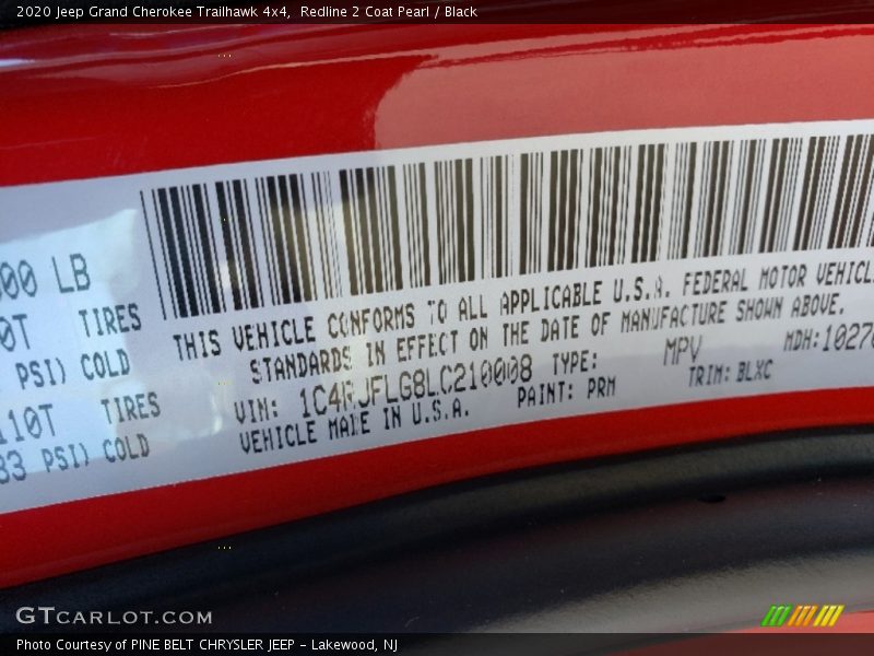 2020 Grand Cherokee Trailhawk 4x4 Redline 2 Coat Pearl Color Code PRM