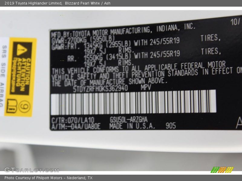 Blizzard Pearl White / Ash 2019 Toyota Highlander Limited