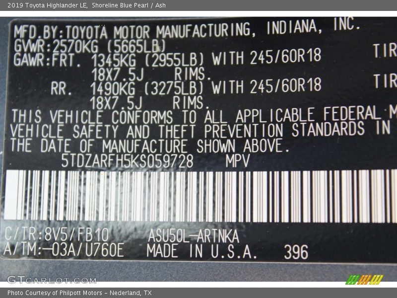 Shoreline Blue Pearl / Ash 2019 Toyota Highlander LE