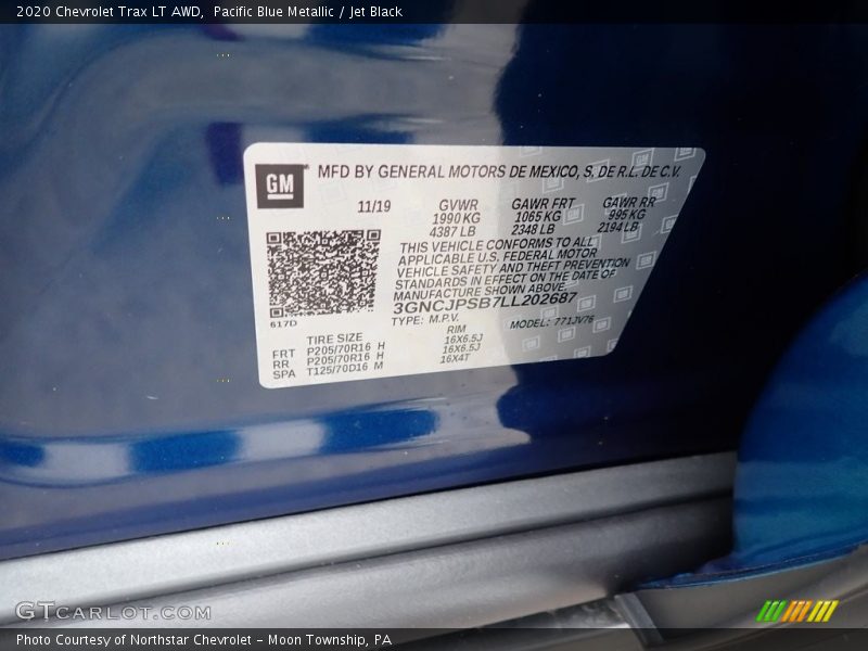 Pacific Blue Metallic / Jet Black 2020 Chevrolet Trax LT AWD