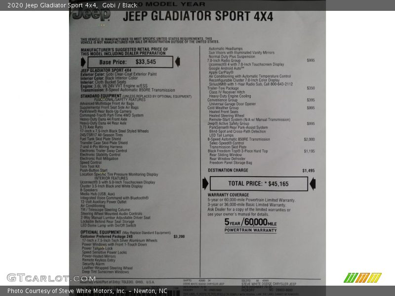  2020 Gladiator Sport 4x4 Window Sticker