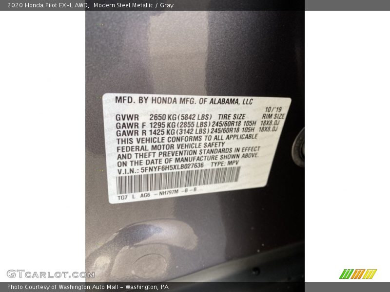 Modern Steel Metallic / Gray 2020 Honda Pilot EX-L AWD
