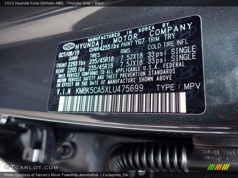 2020 Kona Ultimate AWD Thunder Gray Color Code YG7