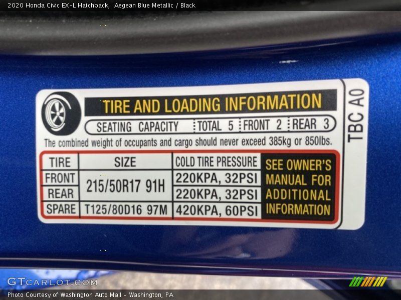 Info Tag of 2020 Civic EX-L Hatchback
