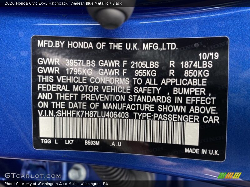 Aegean Blue Metallic / Black 2020 Honda Civic EX-L Hatchback