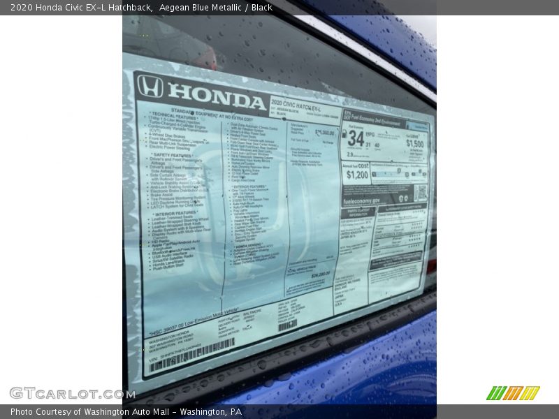 Aegean Blue Metallic / Black 2020 Honda Civic EX-L Hatchback