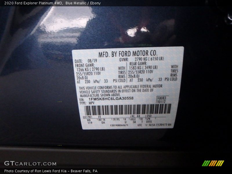 2020 Explorer Platinum 4WD Blue Metallic Color Code FT