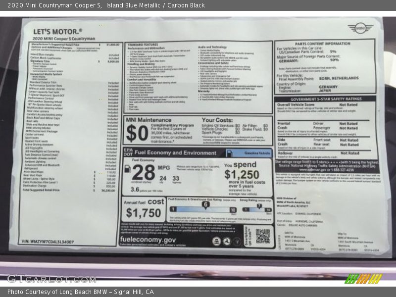 Island Blue Metallic / Carbon Black 2020 Mini Countryman Cooper S