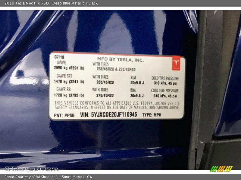 Info Tag of 2018 Model X 75D