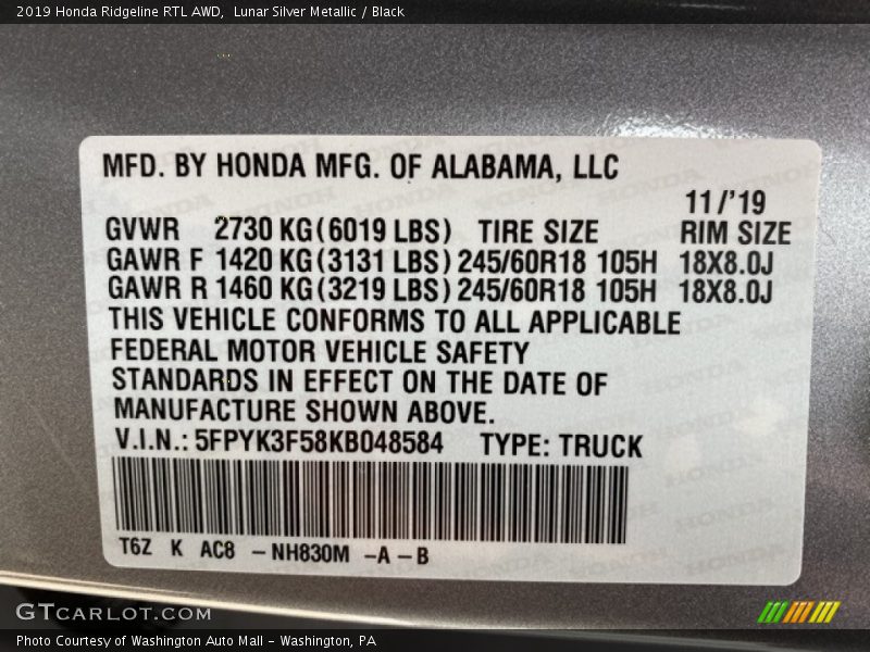 Lunar Silver Metallic / Black 2019 Honda Ridgeline RTL AWD