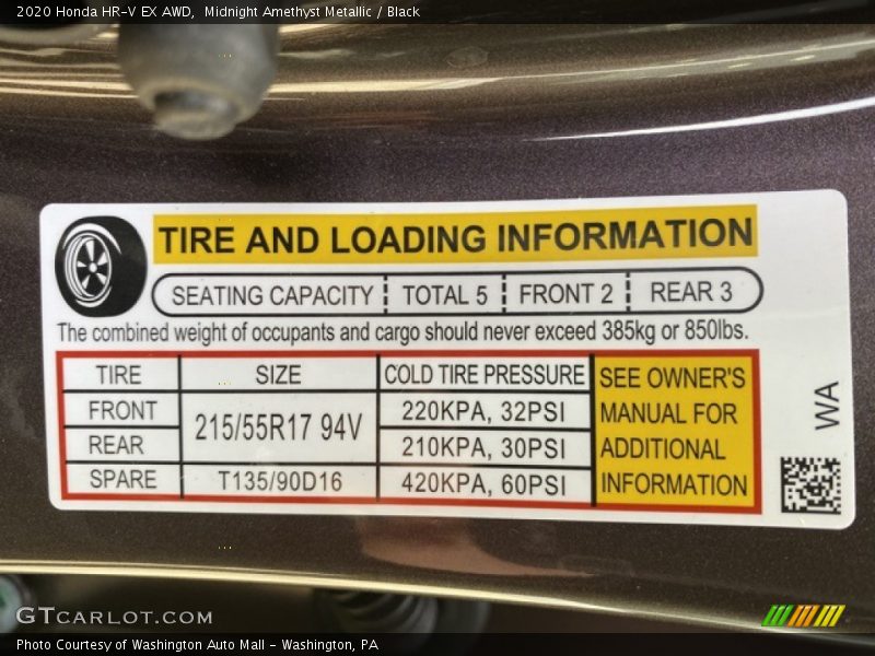 Info Tag of 2020 HR-V EX AWD