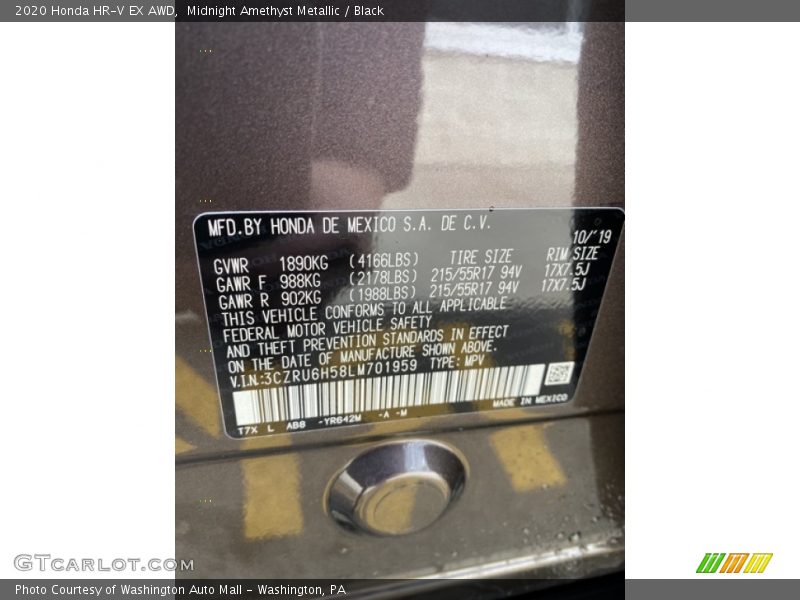 2020 HR-V EX AWD Midnight Amethyst Metallic Color Code YR642M
