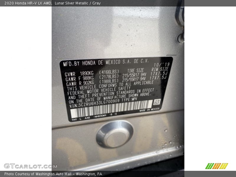 2020 HR-V LX AWD Lunar Silver Metallic Color Code NH830MX