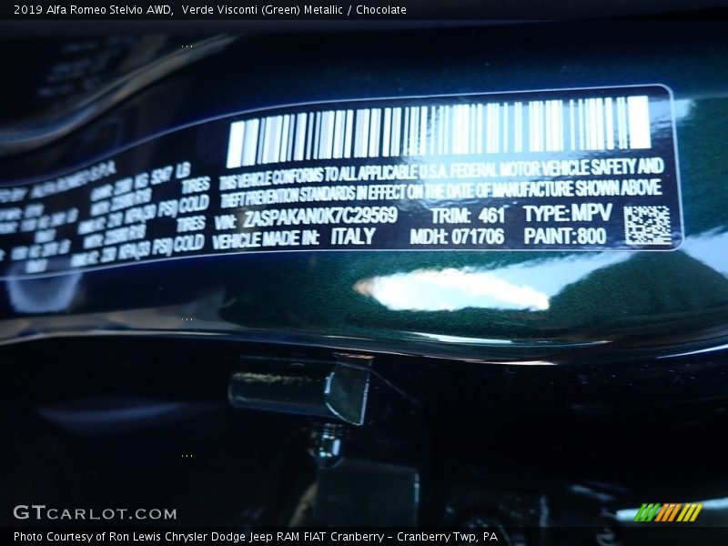 2019 Stelvio AWD Verde Visconti (Green) Metallic Color Code 800