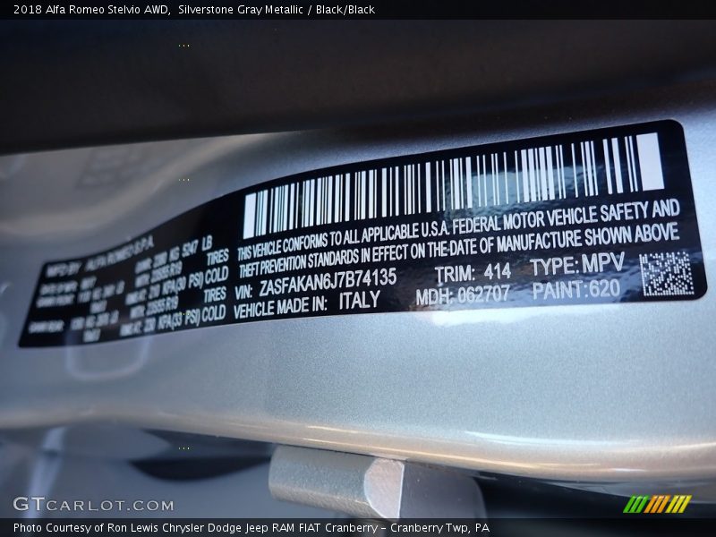 Silverstone Gray Metallic / Black/Black 2018 Alfa Romeo Stelvio AWD