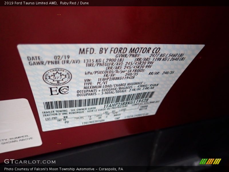 Ruby Red / Dune 2019 Ford Taurus Limited AWD