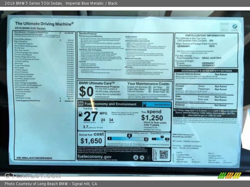  2019 5 Series 530i Sedan Window Sticker