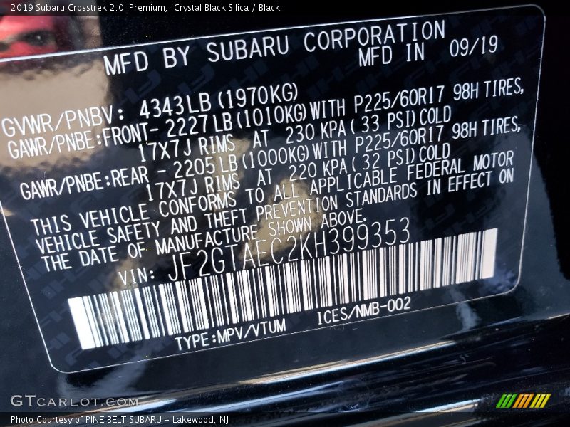 Crystal Black Silica / Black 2019 Subaru Crosstrek 2.0i Premium