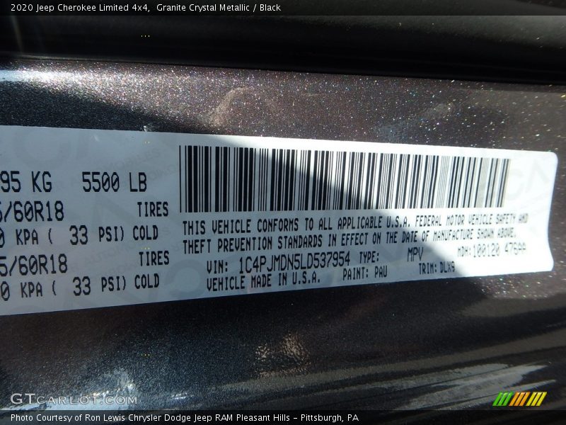 Granite Crystal Metallic / Black 2020 Jeep Cherokee Limited 4x4