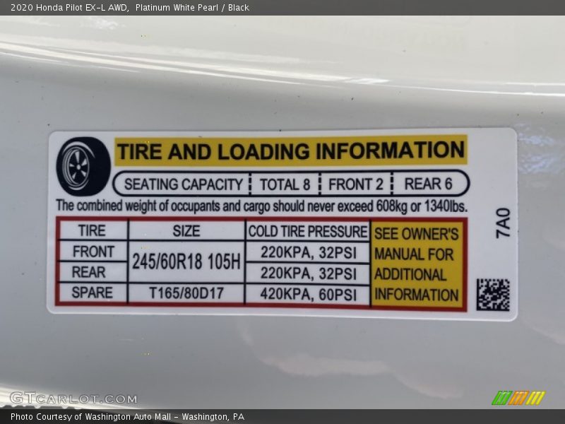Platinum White Pearl / Black 2020 Honda Pilot EX-L AWD