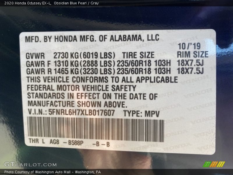 Obsidian Blue Pearl / Gray 2020 Honda Odyssey EX-L