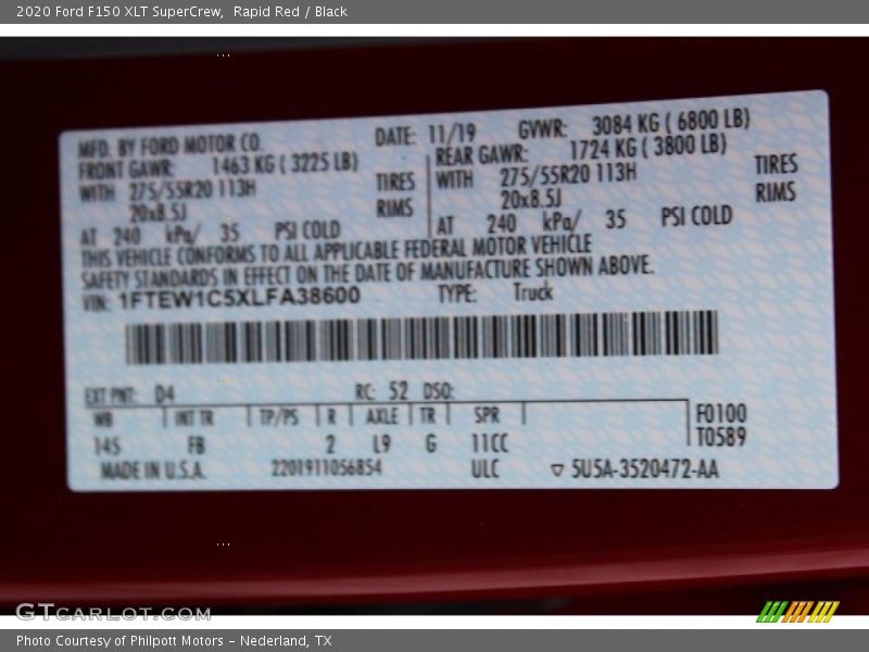 2020 F150 XLT SuperCrew Rapid Red Color Code D4
