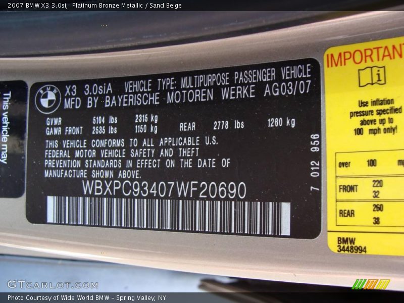 Platinum Bronze Metallic / Sand Beige 2007 BMW X3 3.0si