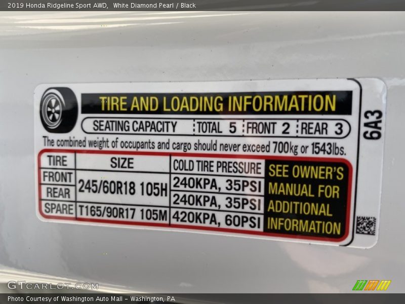 White Diamond Pearl / Black 2019 Honda Ridgeline Sport AWD