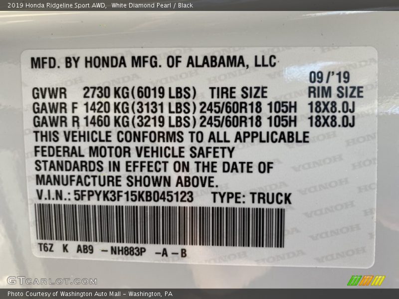 White Diamond Pearl / Black 2019 Honda Ridgeline Sport AWD