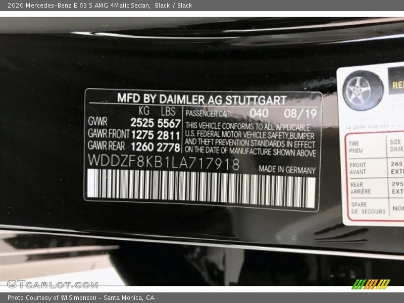 2020 E 63 S AMG 4Matic Sedan Black Color Code 040