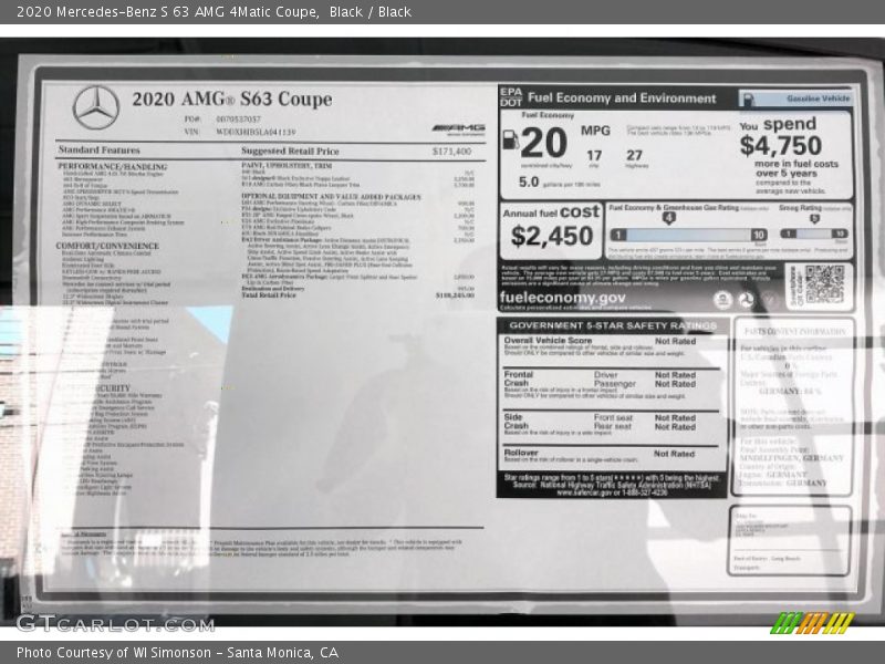  2020 S 63 AMG 4Matic Coupe Window Sticker