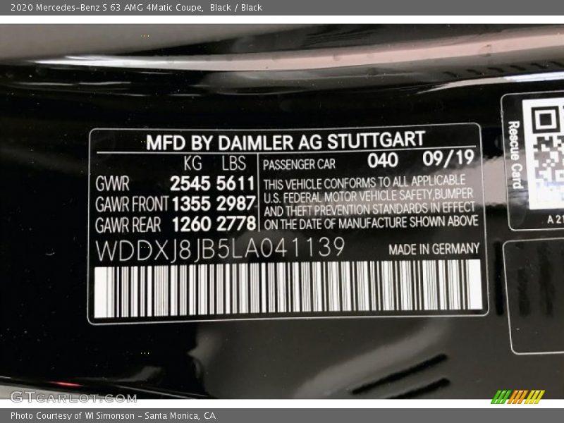 2020 S 63 AMG 4Matic Coupe Black Color Code 040