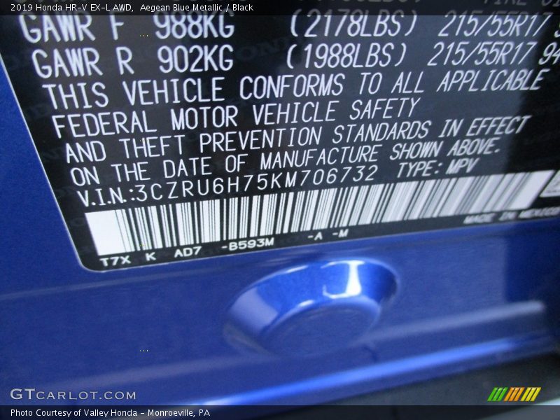 Aegean Blue Metallic / Black 2019 Honda HR-V EX-L AWD