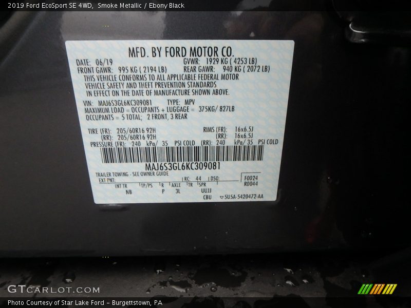 Smoke Metallic / Ebony Black 2019 Ford EcoSport SE 4WD