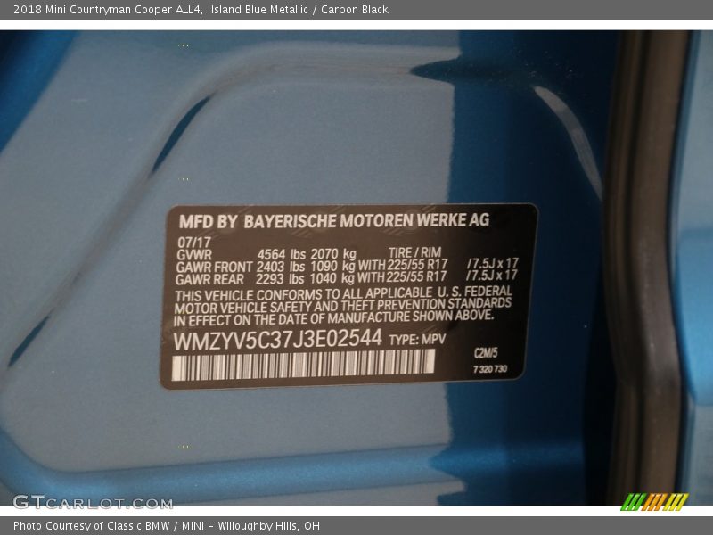 2018 Countryman Cooper ALL4 Island Blue Metallic Color Code C2M