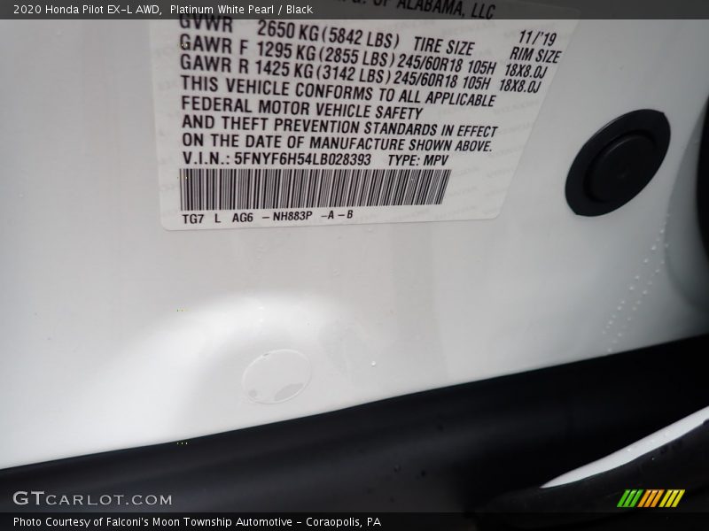 Platinum White Pearl / Black 2020 Honda Pilot EX-L AWD