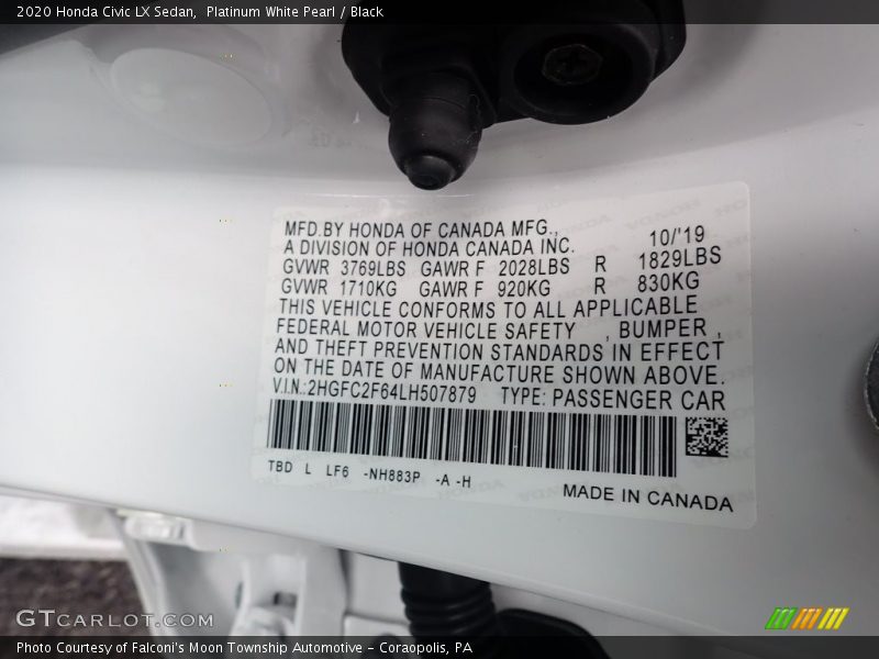 2020 Civic LX Sedan Platinum White Pearl Color Code NH883P