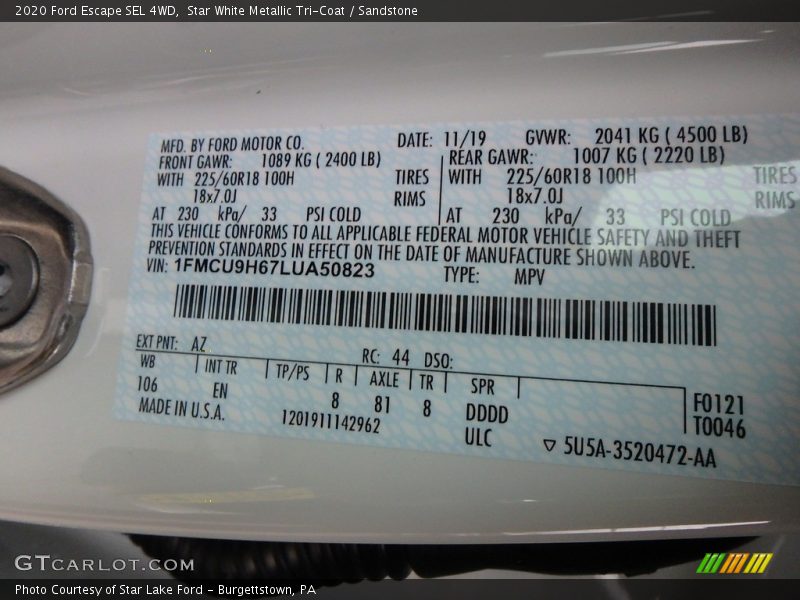 2020 Escape SEL 4WD Star White Metallic Tri-Coat Color Code AZ