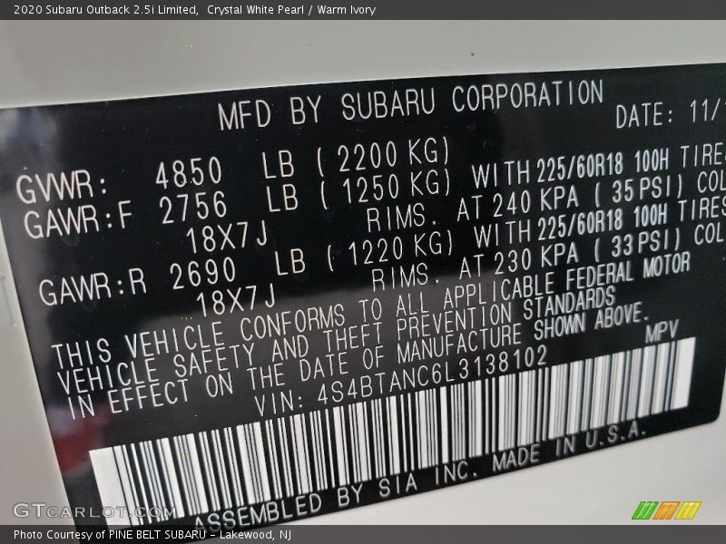 Crystal White Pearl / Warm Ivory 2020 Subaru Outback 2.5i Limited