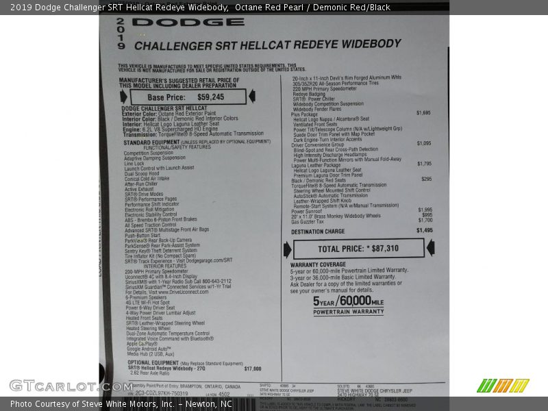  2019 Challenger SRT Hellcat Redeye Widebody Window Sticker