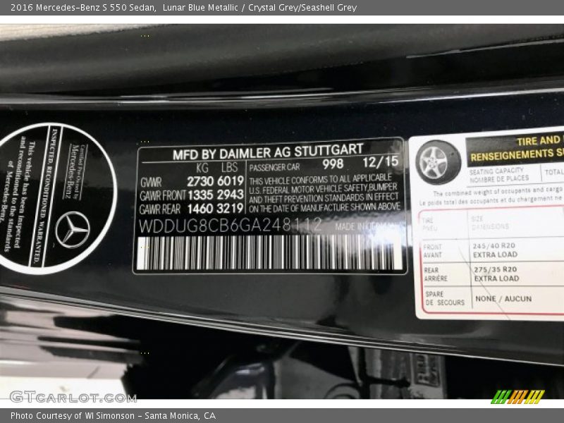 Lunar Blue Metallic / Crystal Grey/Seashell Grey 2016 Mercedes-Benz S 550 Sedan