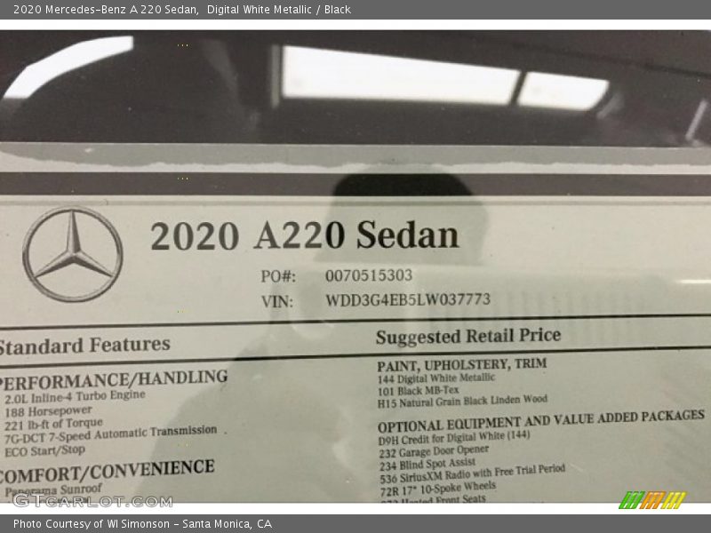 Digital White Metallic / Black 2020 Mercedes-Benz A 220 Sedan