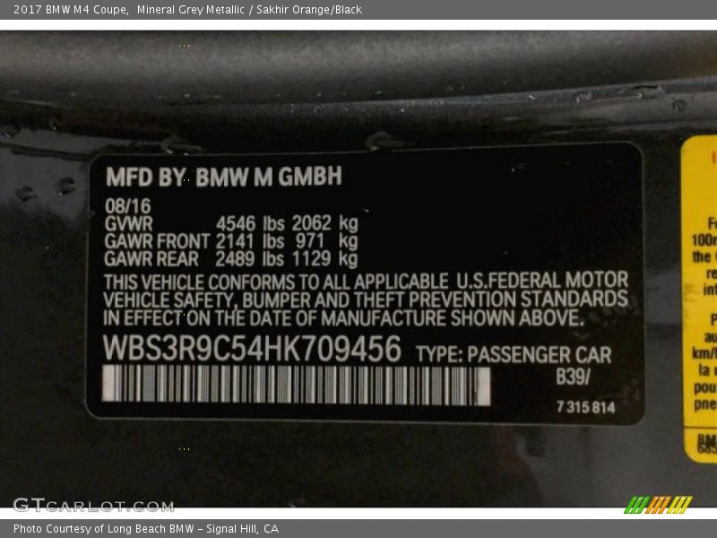 Mineral Grey Metallic / Sakhir Orange/Black 2017 BMW M4 Coupe