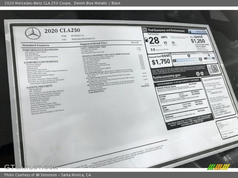  2020 CLA 250 Coupe Window Sticker
