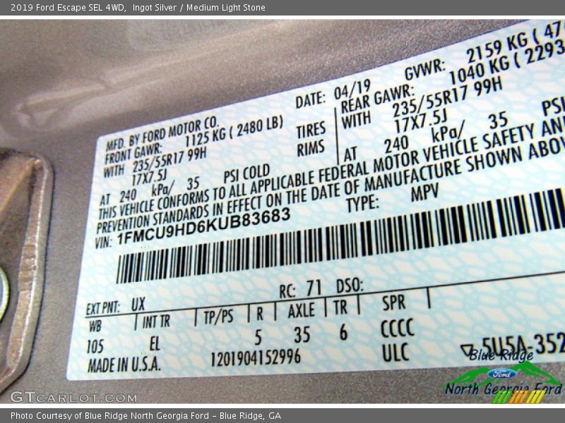 Ingot Silver / Medium Light Stone 2019 Ford Escape SEL 4WD