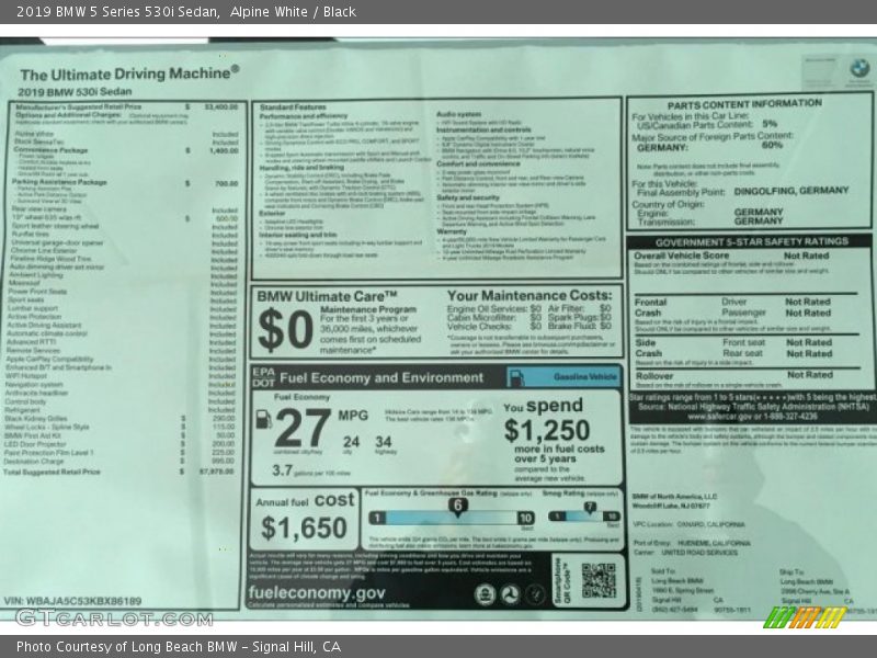  2019 5 Series 530i Sedan Window Sticker