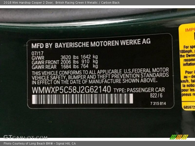 2018 Hardtop Cooper 2 Door British Racing Green II Metallic Color Code B22