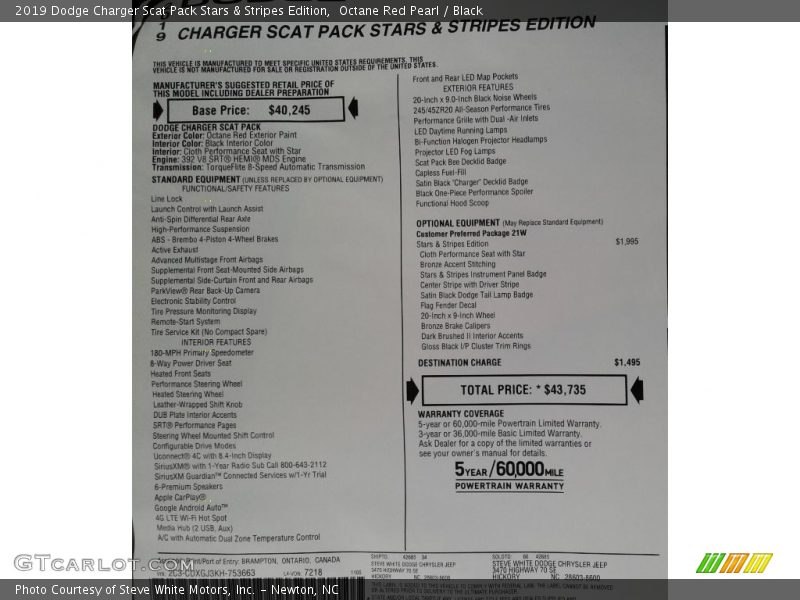  2019 Charger Scat Pack Stars & Stripes Edition Window Sticker