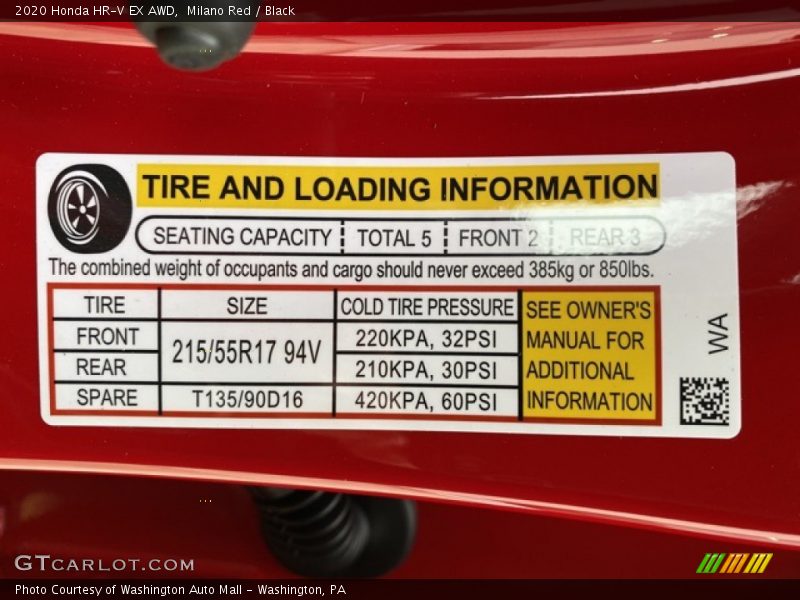 Info Tag of 2020 HR-V EX AWD