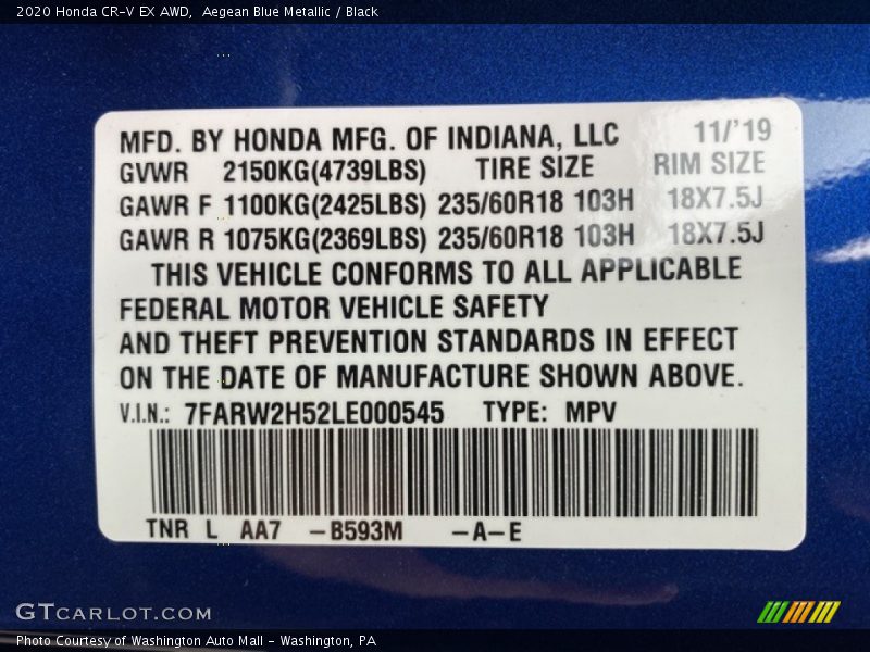 2020 CR-V EX AWD Aegean Blue Metallic Color Code B593M